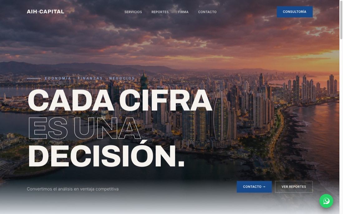 Portada de AIH Capital: sobre una foto aérea de la ciudad de Panamá se lee «Cada cifra es una decisión».