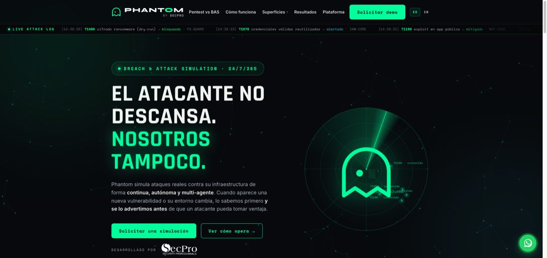 Portada de Phantom: pantalla negra con un radar verde y el titular «El atacante no descansa. Nosotros tampoco».